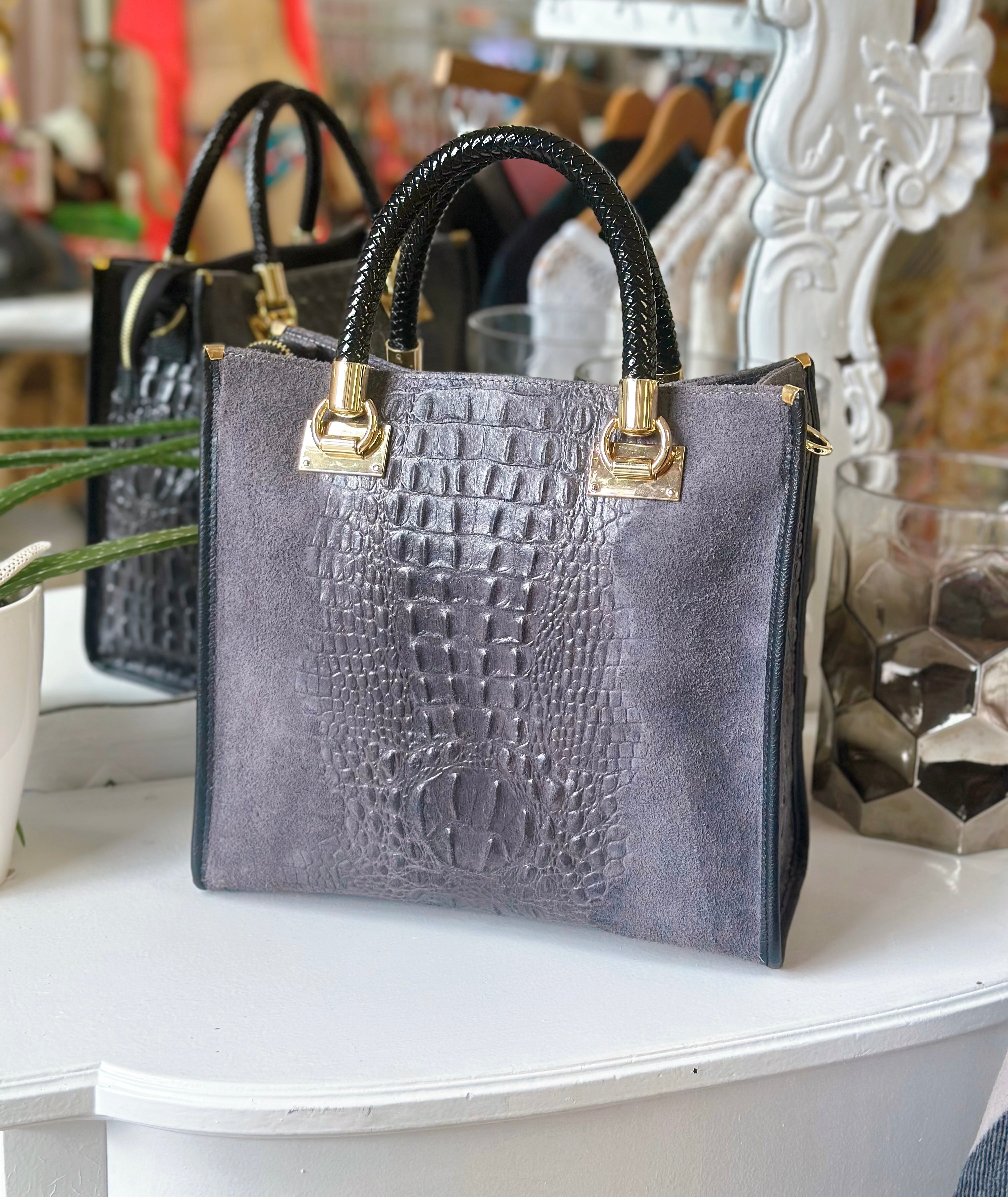 Suede Croc Emboss Italian Leather Handbag-1
