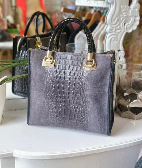 Suede Croc Emboss Italian Leather Handbag-1