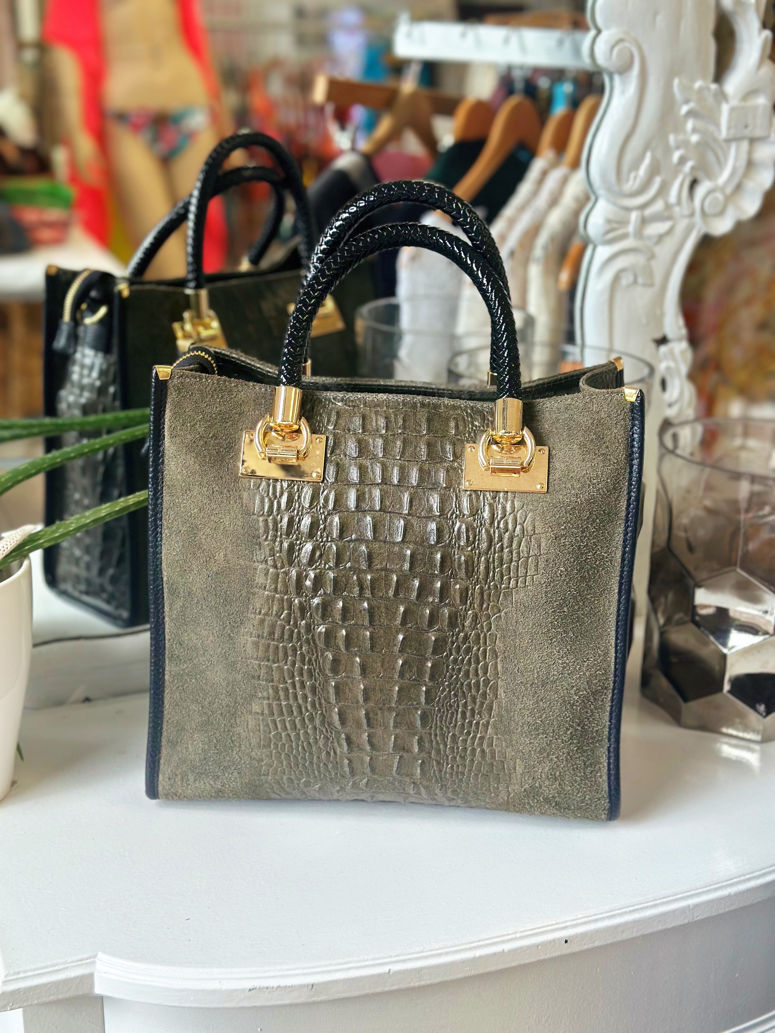 Suede Croc Emboss Italian Leather Handbag-0