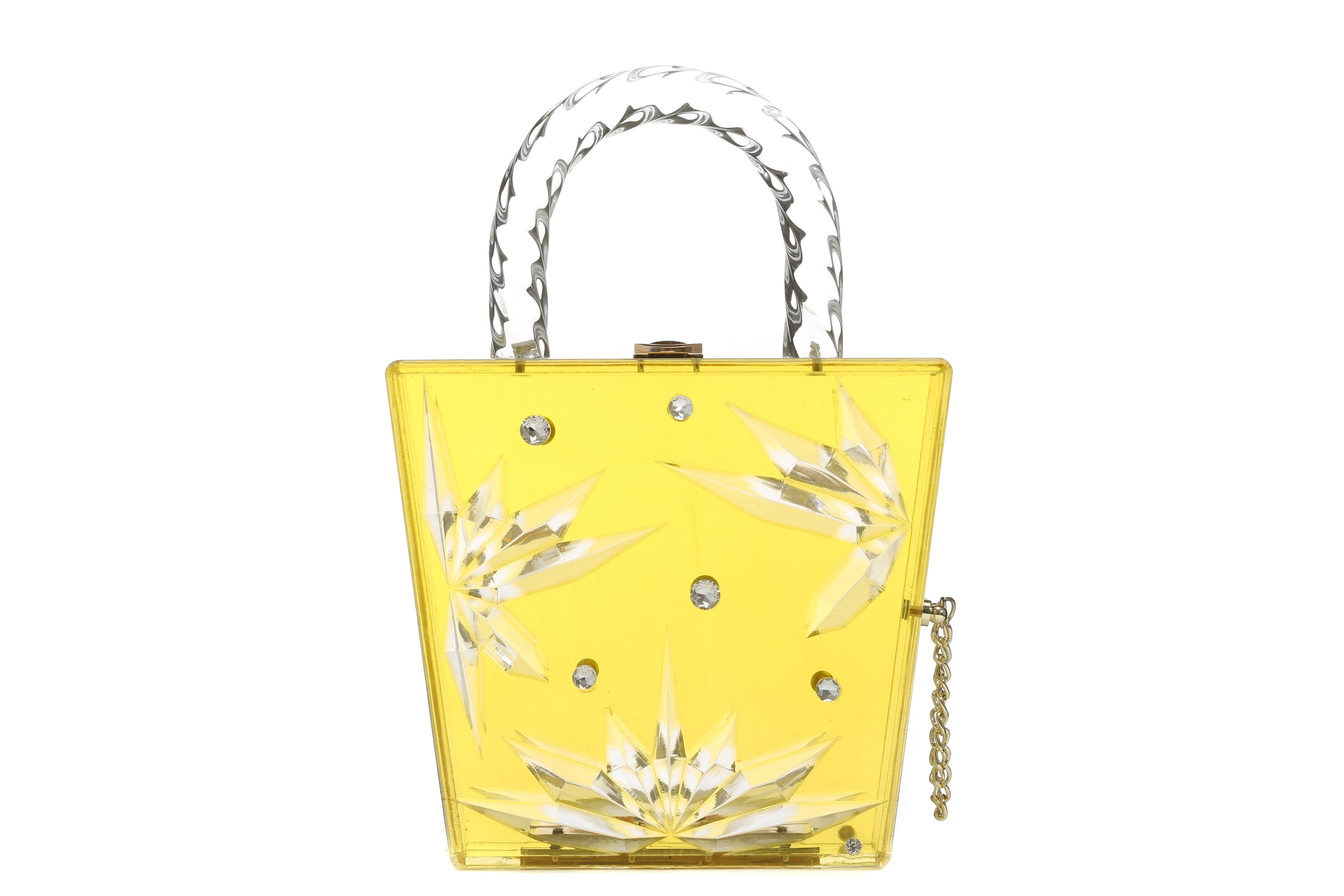 Top Handle Amber Hock Cut to clear Lucite Acrylic Handbag-0