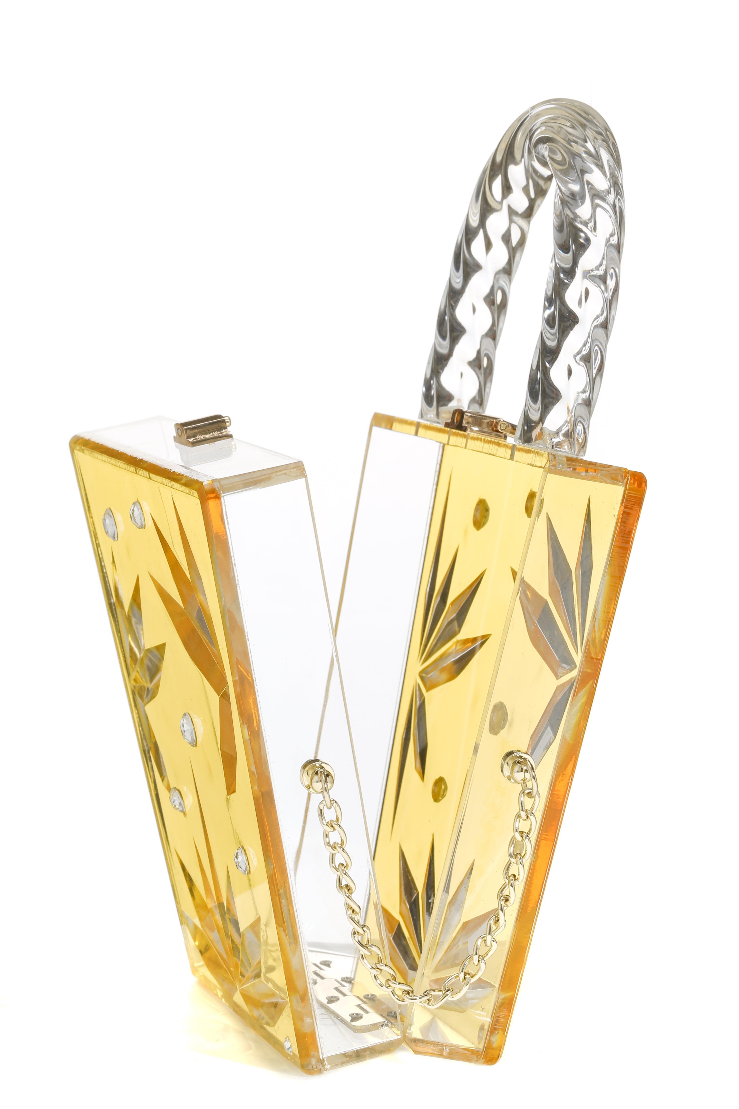 Top Handle Amber Hock Cut to clear Lucite Acrylic Handbag-3