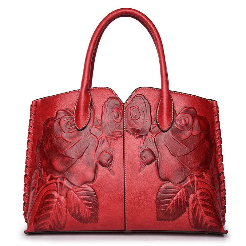 NNEDSZ Red  Elegant Embossed Rose Leather Handbag - Vintage Style Tote Bag-0