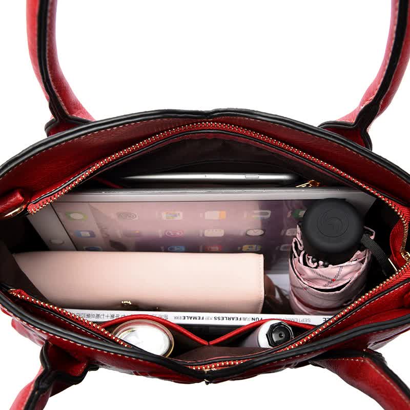 NNEDSZ Red  Elegant Embossed Rose Leather Handbag - Vintage Style Tote Bag-2