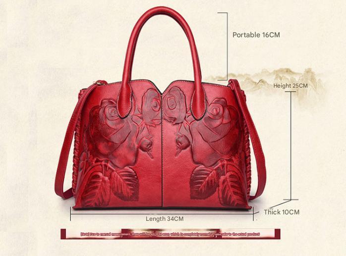 NNEDSZ Red  Elegant Embossed Rose Leather Handbag - Vintage Style Tote Bag-3