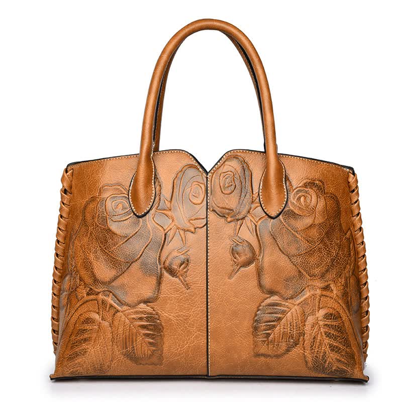 NNEDSZ Brown Elegant Embossed Rose Leather Handbag - Vintage Style Tote Bag-0